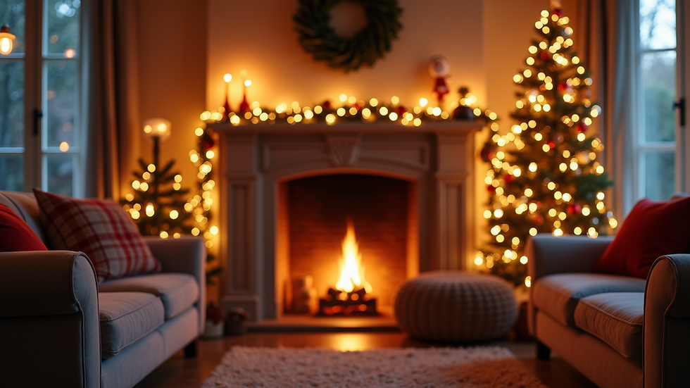 Eye-level view of a cozy living room decorated for the holidays