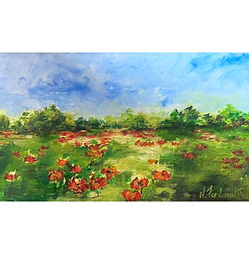 Painting of a field of red poppies in green grass.