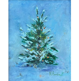 A painting of a small evergreen tree covered in snow.