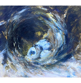 Painting of three eggs in a nest.