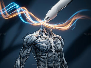 A high-end treatment applicator emitting synchronized magnetic and radiofrequency energy streams, illustrating the technology behind an ems rf body sculpting machine.