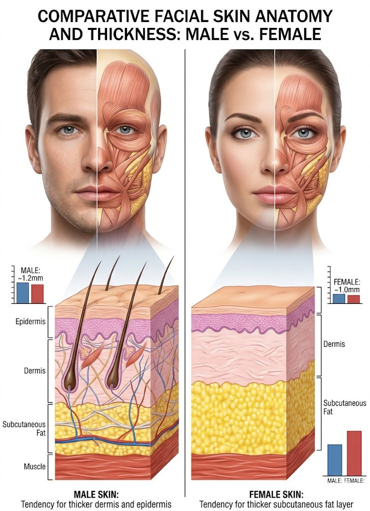 Comparison of male and female skin anatomy for laser treatment