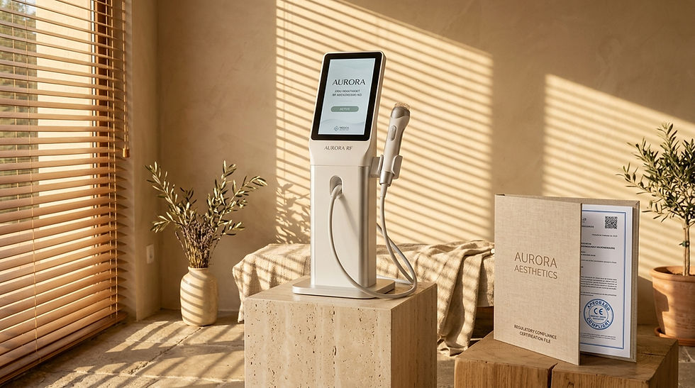 A compliant, high-end medical workstation displayed inside a warm-luxury showroom, illustrating the premier choice for an enterprise-grade rf microneedling machine.