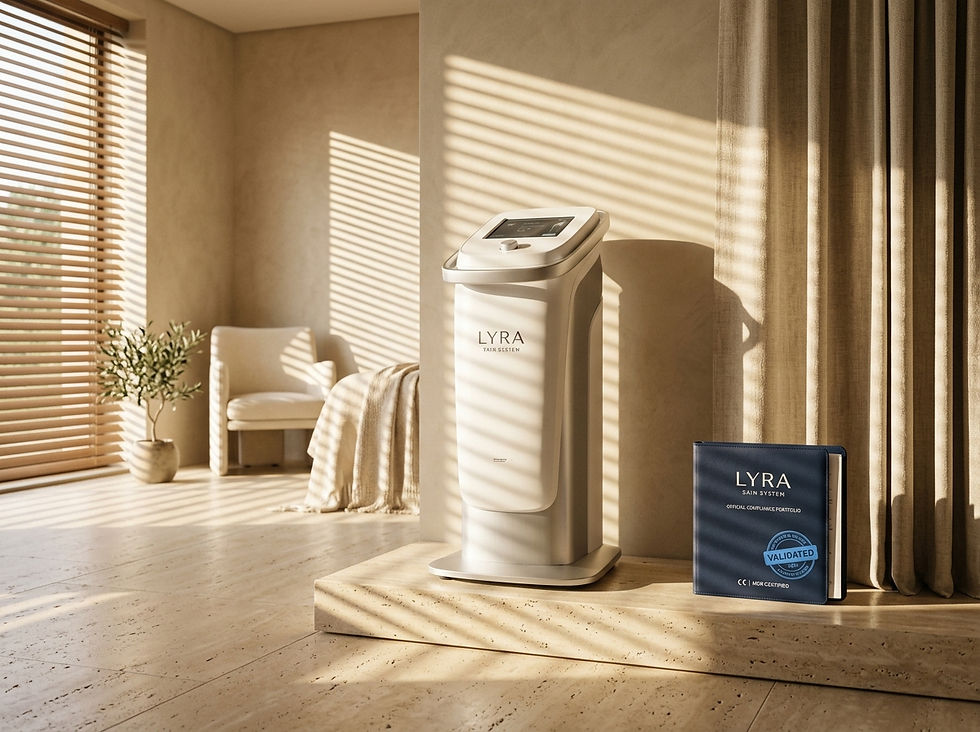 A compliant, high-end medical workstation displayed inside a warm-luxury showroom, illustrating the primary solution for how to reduce risk when sourcing aesthetic equipment overseas.