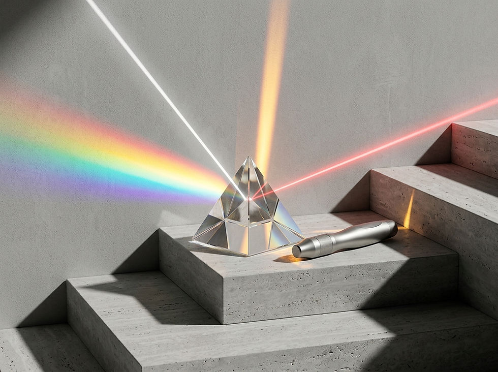 Visualized light spectrums refracted next to a medical treatment handle, demonstrating the engineering principles behind an IPL vs DPL vs diode laser hair removal evaluation.