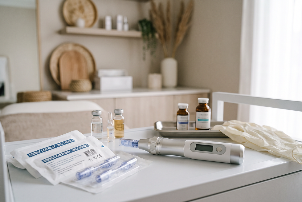 Professional aesthetic microneedling device with sterile treatment cartridges on a clinic workstation.