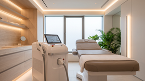 Modern aesthetic clinic treatment room featuring a professional diode laser hair removal workstation