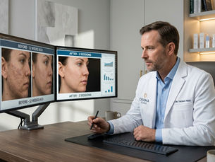 Clinical before-and-after results of premium fractional CO2 laser treatments displayed on a medical monitor in a dermatology clinic.
