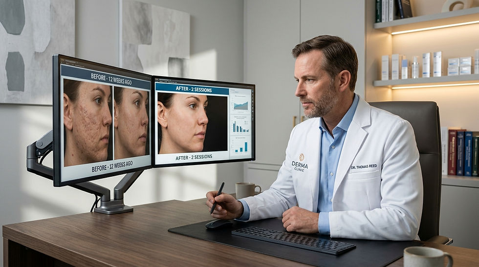 Clinical before-and-after results of premium fractional CO2 laser treatments displayed on a medical monitor in a dermatology clinic.