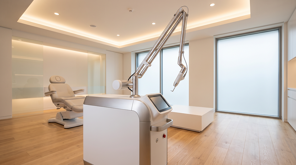 Commercial laser tattoo removal machine with articulated optical arm in a modern medical aesthetic clinic setting.