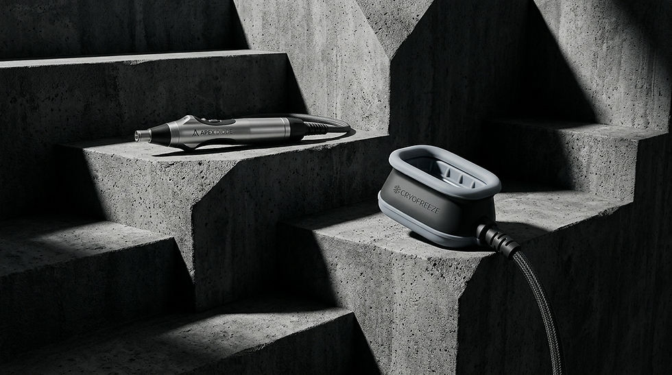 High-end medical laser applicators positioned on a modern concrete structure, helping buyers evaluate what equipment should a new aesthetic clinic buy first.