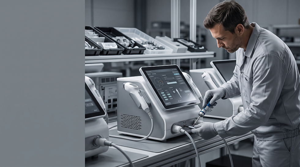 Quality inspection and assembly of professional aesthetic equipment in a clean manufacturing environment