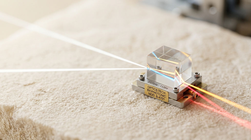 A macro view of an advanced crystalline lens compressing light rays into a precise multi-wavelength spectrum, demonstrating factory-direct hardware quality to support a beauty salon equipment upgrade.