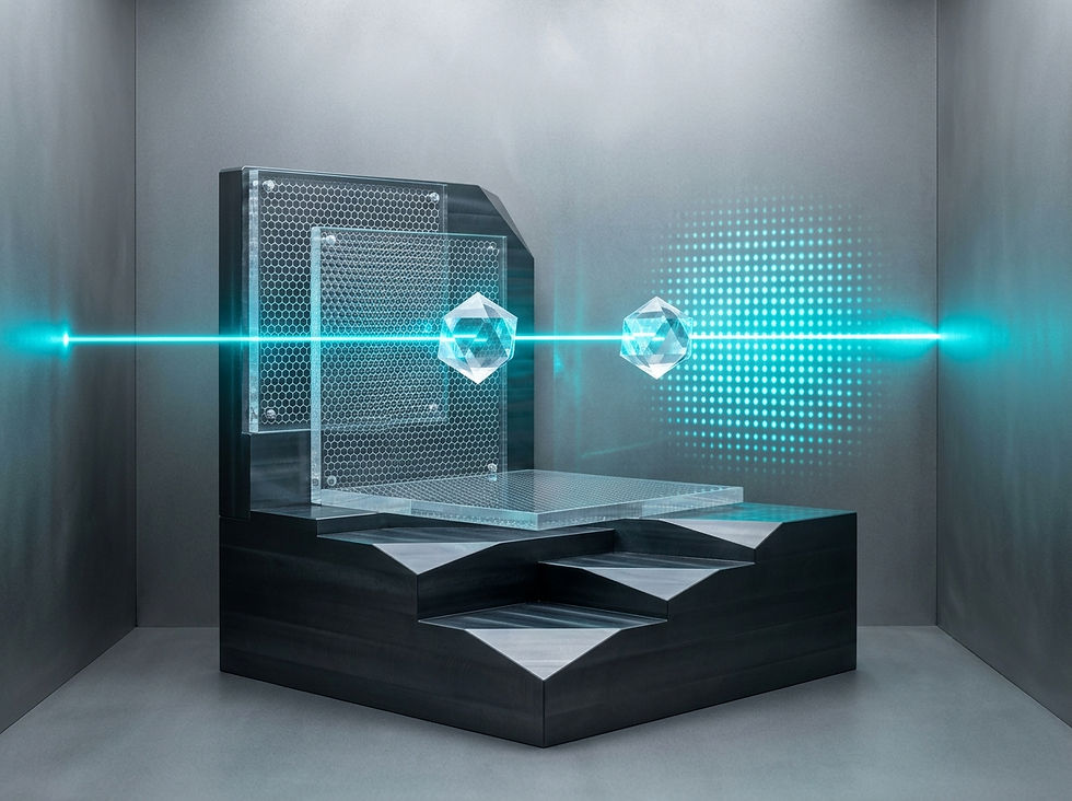 Symmetrical anodized aluminum tiers with floating crystal polyhedrons refracting a precise laser beam, visually representing strict quality control metrics and mandatory private label aesthetic equipment certification documents.