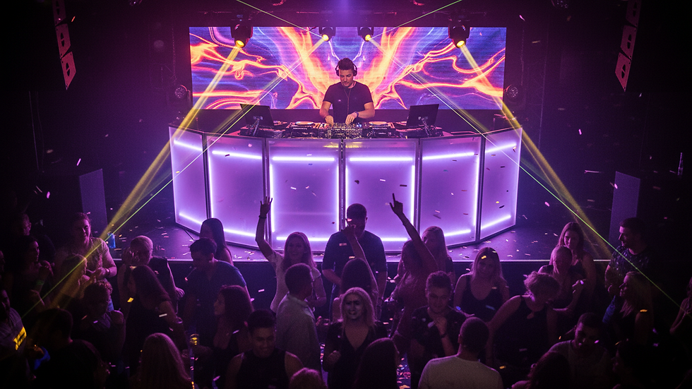 Eye-level view of DJ booth with professional sound equipment