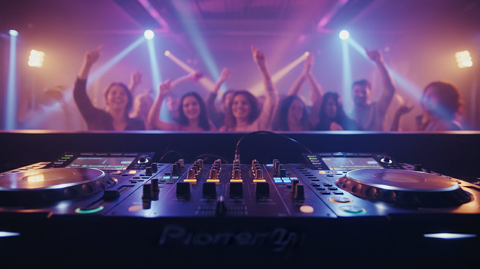 Close-up view of DJ controller and mixer at a party