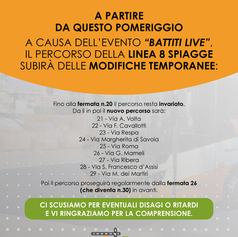  AVVISO ALL’UTENZA – LINEA 8 SPIAGGE: Variazioni temporanee per evento Battiti Live.