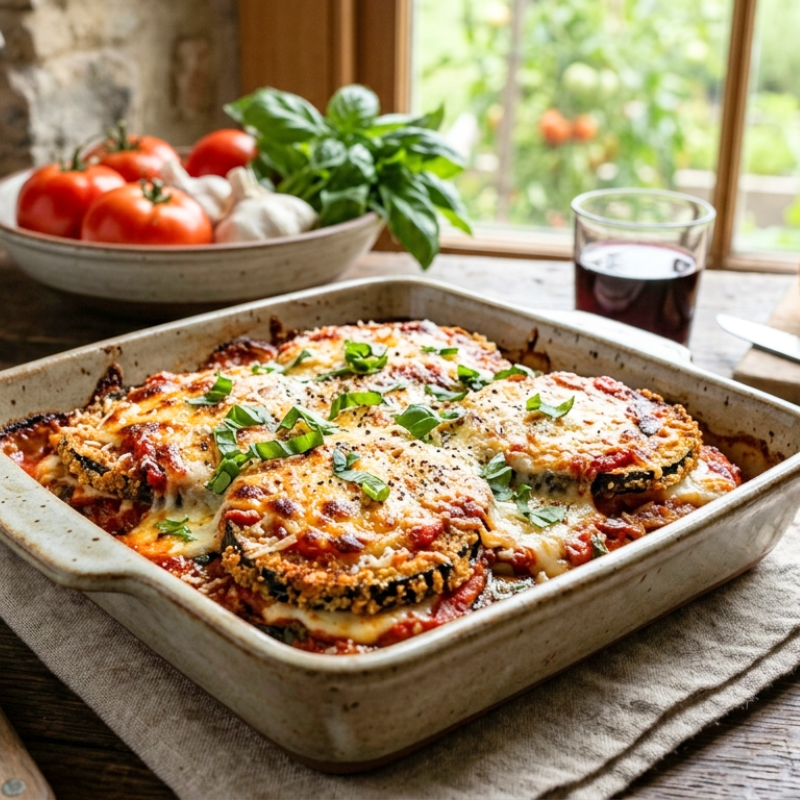 Hearty eggplant parmesan made with farm fresh ingredients makes the perfect summer dish
