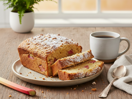 Freshly baked rhubarb bread paired with fresh coffee