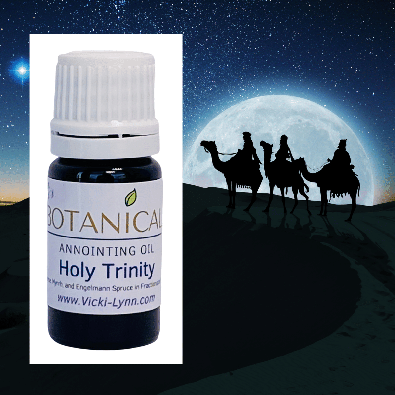 Thumbnail: picture of three wise men from sacred times in background of bottle of Holy Trinity oil