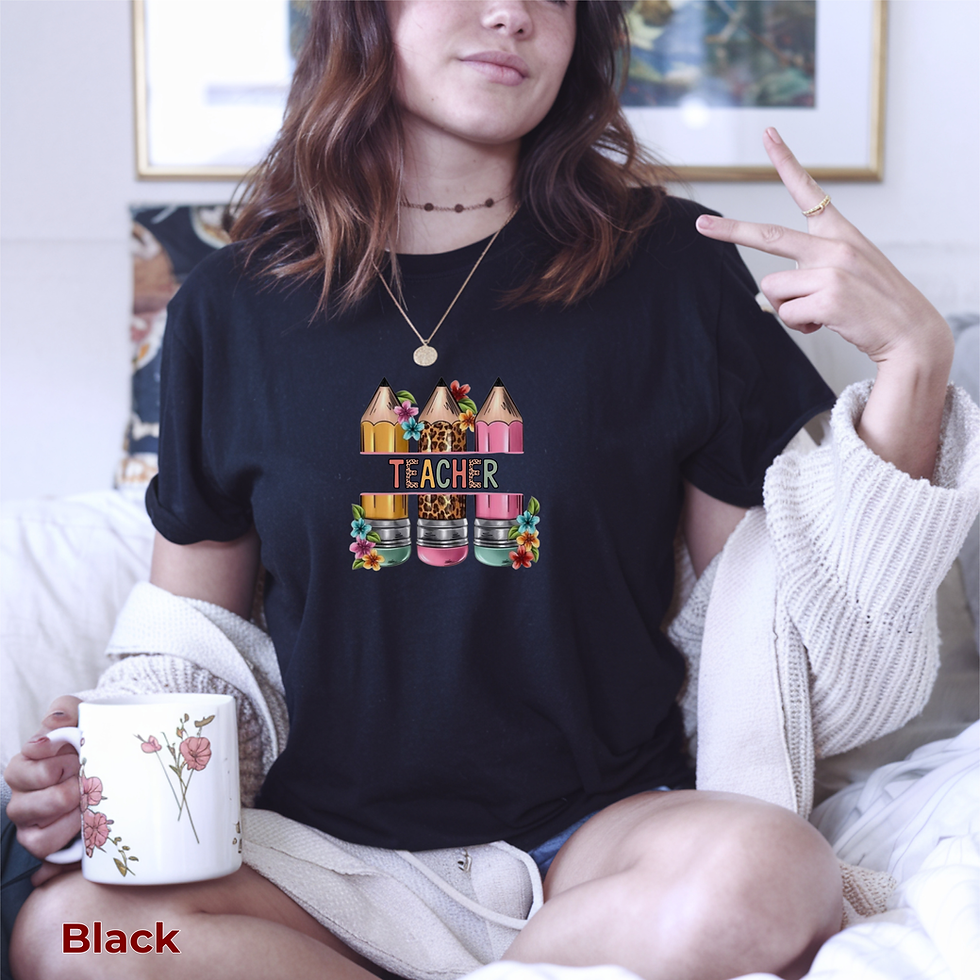 Thumbnail: Black, Teacher Pencils Floral Graphic T‑Shirt — Colorful School Teacher Gift