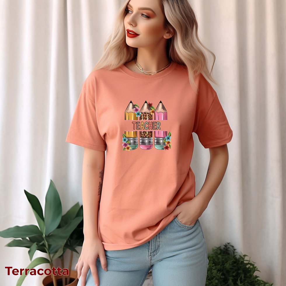 Thumbnail: Terracotta, Teacher Pencils Floral Graphic T‑Shirt — Colorful School Teacher Gift