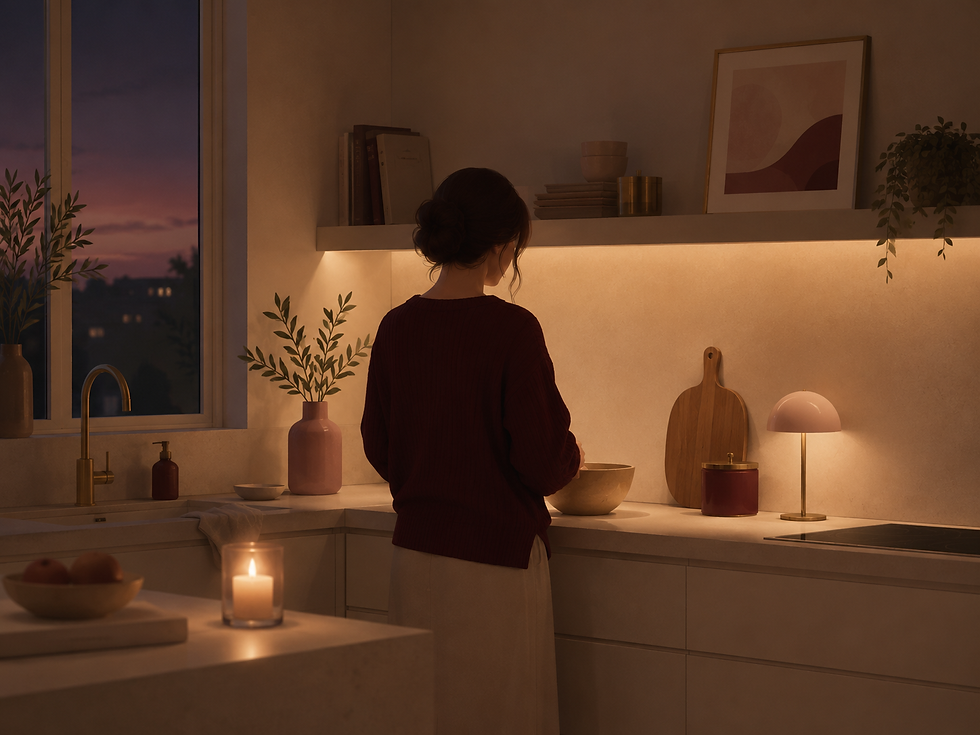 Cuisine le soir, lumière basse, silhouette devant le plan de travail