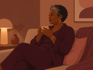 Femme tenant une tasse chaude à deux mains, assise dans un canapé, ambiance douce le soir