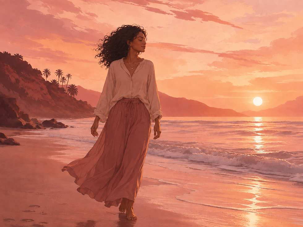 Femme marchant pieds nus sur une plage au soleil couchant, posture libre