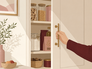 Main ouvrant doucement la porte d’un placard de cuisine, lumière chaude