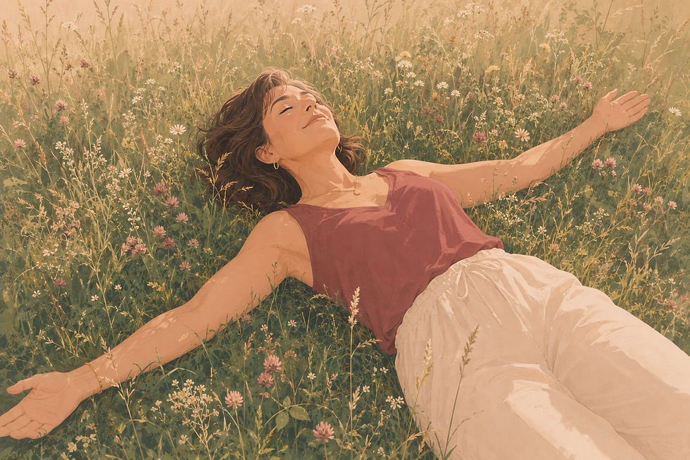 Femme allongée dans l’herbe, bras écartés, visage détendu vers le ciel
