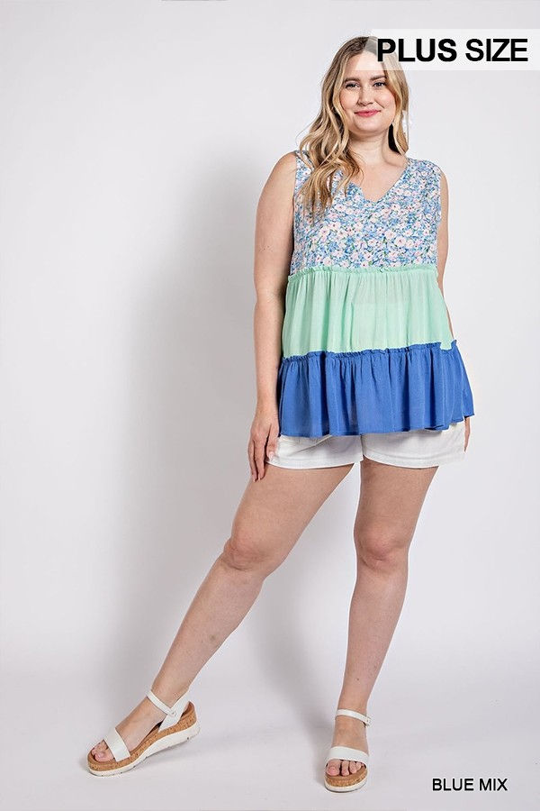 Thumbnail: Floral Color Block Ruffle Detail Tiered V-neck Top