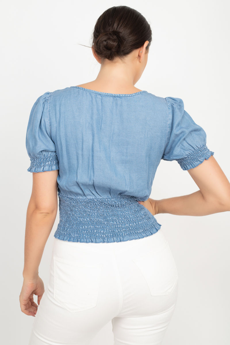 Thumbnail: Puff Sleeve Sweetheart Denim Top