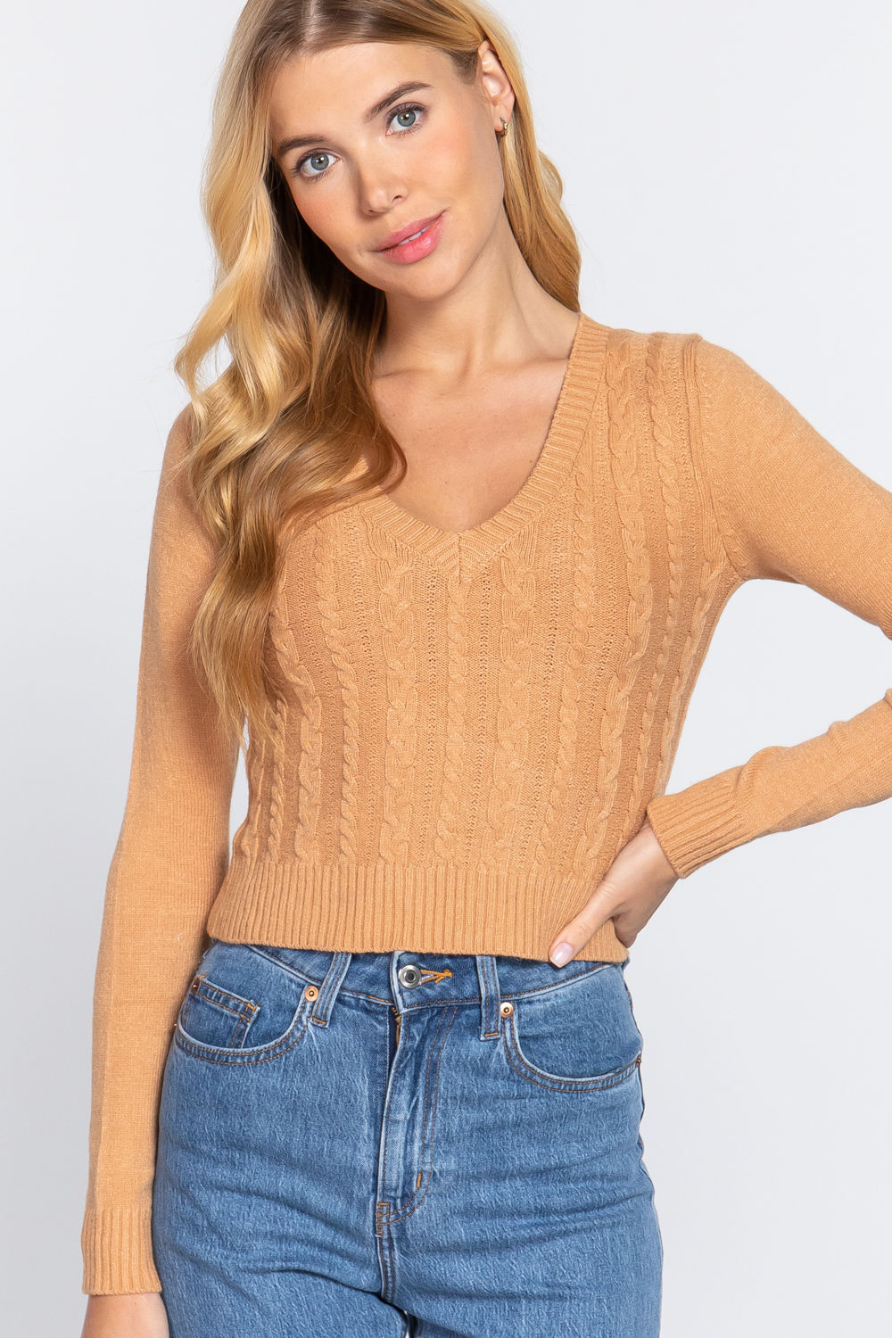 Long Sleeve V-neck Cable Sweater  