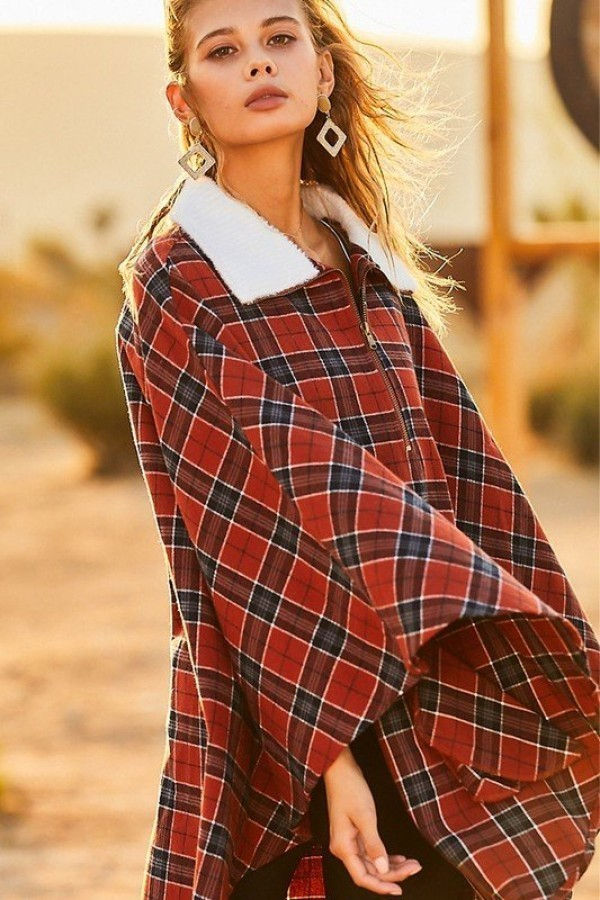 Thumbnail: Mock Neck With Zipper Contrast Inside Front Pocket Plaid Poncho