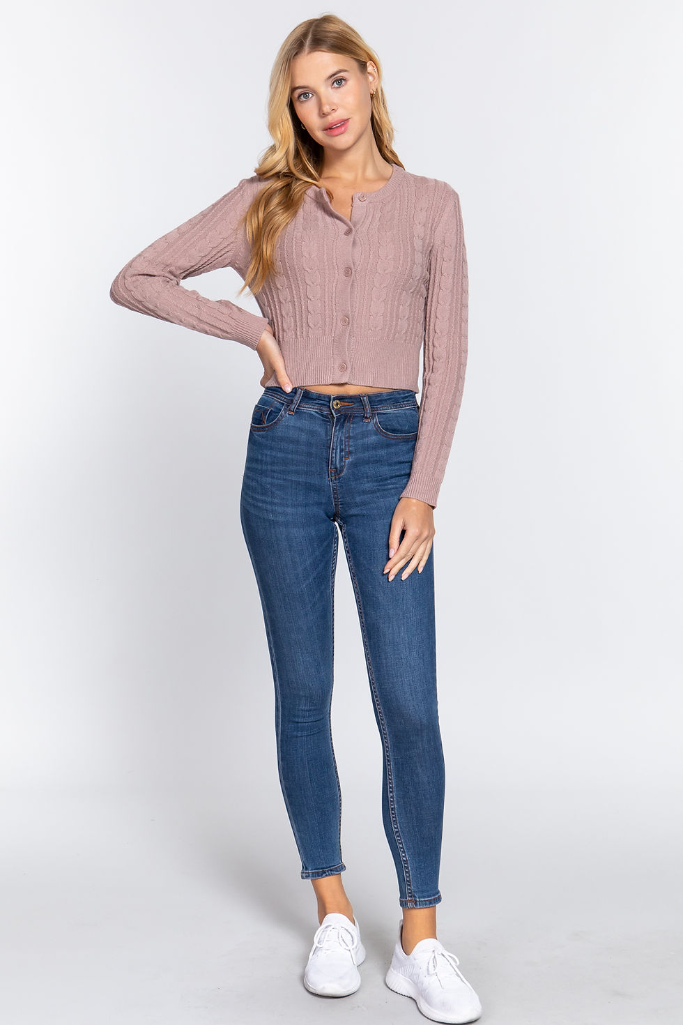 Thumbnail: Crew Neck Cable Sweater Cardigan      