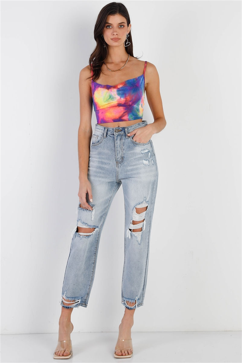Thumbnail: Multi Color Neon Tie-dye Lurex Cowl Neck Sleeveless Crop Top