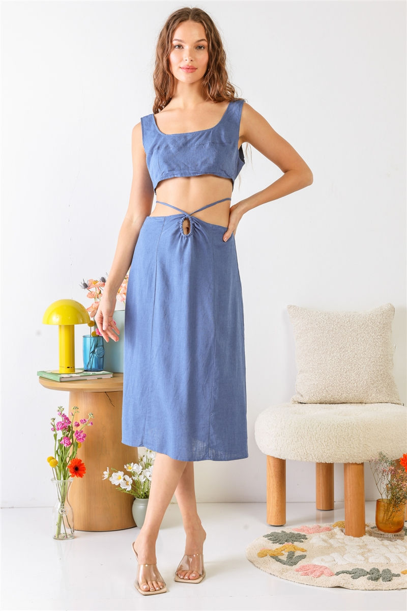 Thumbnail: Blue Sleeveless Square Neck Self-tie Strap Cut-out Midi Dress