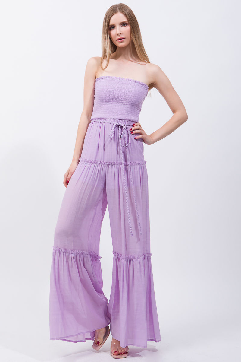 Thumbnail: Woven Solid Sleeveless Smocked Ruffle Jumpsuit