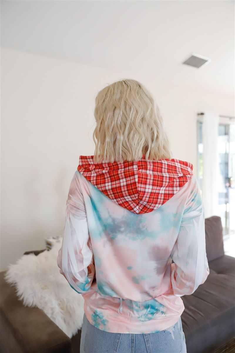 Thumbnail: Feather & Tie-dye Print Contrast Plaid Hood Sweater
