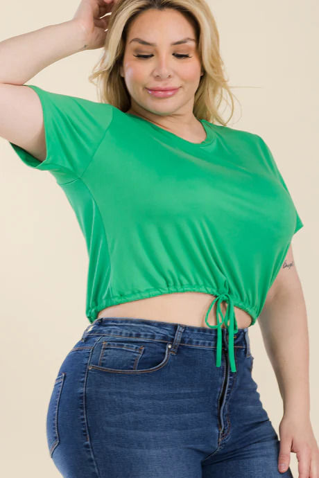 Thumbnail: Plus Size Tie Front Drawstring Short Sleeve Crop Top
