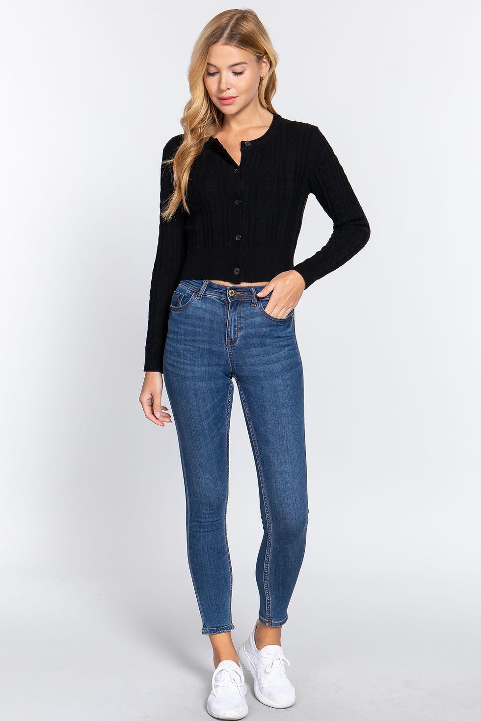 Thumbnail: Crew Neck Cable Sweater Cardigan      