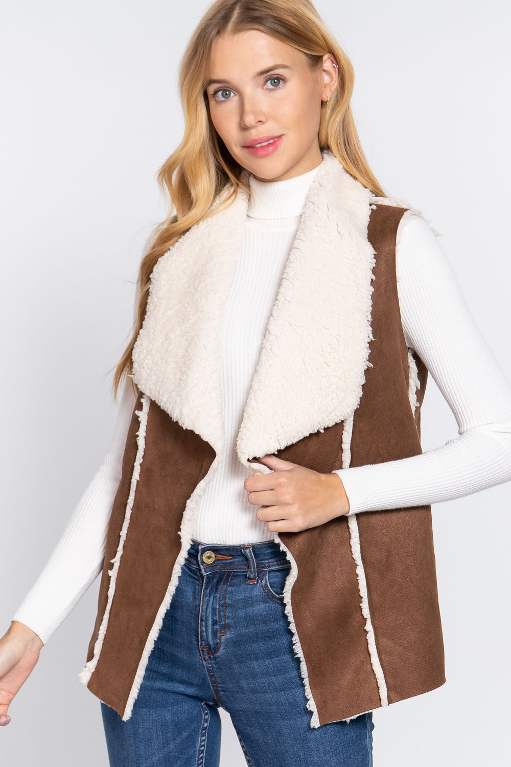 Shawl Faux Suede Fur Bonded Vest        