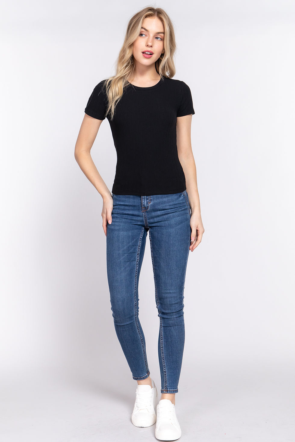 Thumbnail: Short Slv Crew Neck Variegated Rib Knit Top