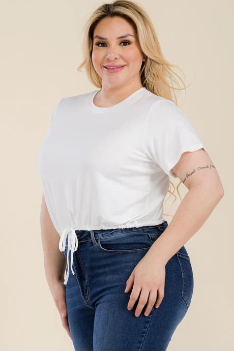 Thumbnail: Plus Size Tie Front Drawstring Short Sleeve Crop Top