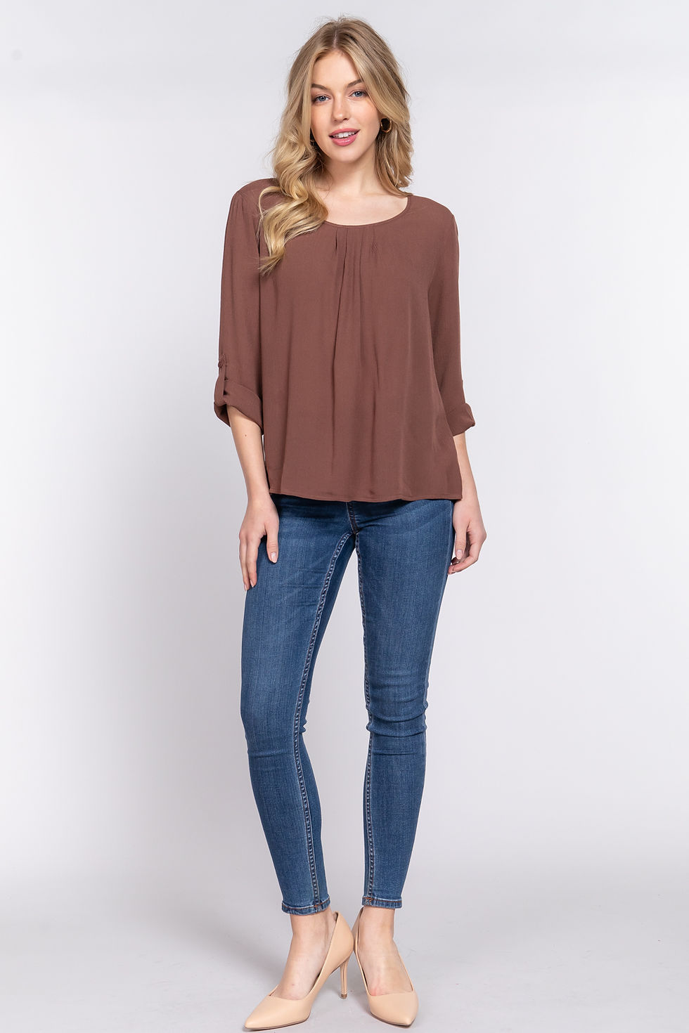 Thumbnail: 3/4 Roll Up Slv Pleated Blouse          