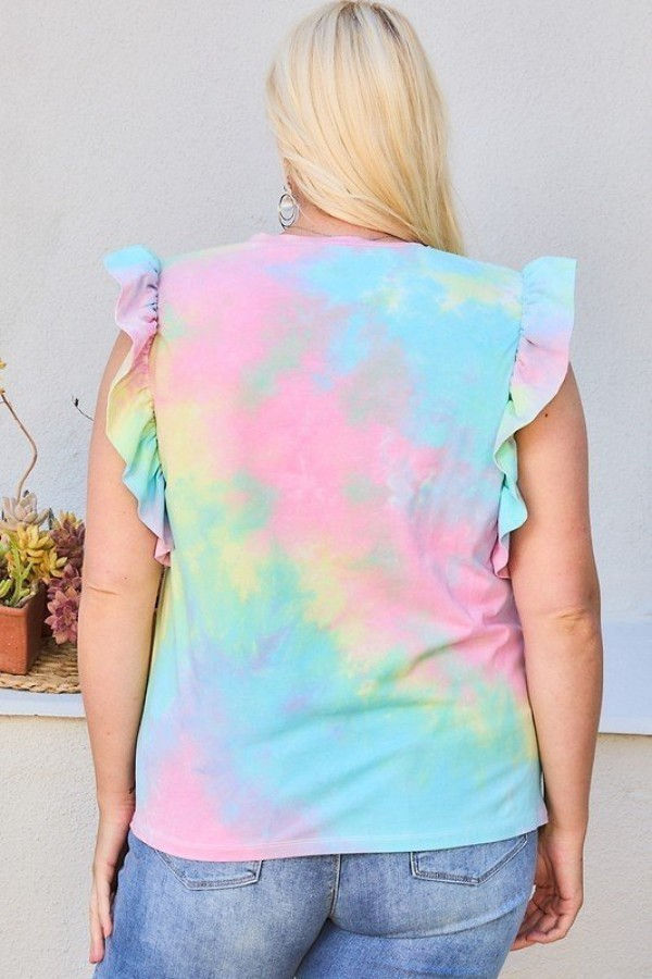Thumbnail: Plus Size Round Neck Ruffle Sleeve Front Pocket Tie Dye Knit Top