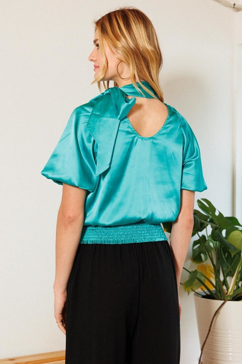 Thumbnail: Waist Smocked Solid Satin Blouse