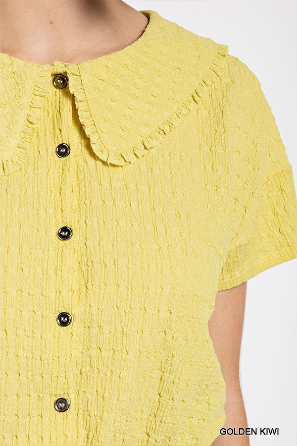 Thumbnail: Peter pan collar textured knit button down top