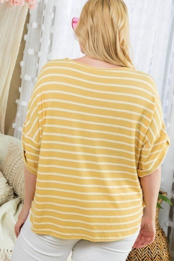 Thumbnail: Drop Shoulder Roll Up Short Sleeve Choker Neck Stripe Print Top